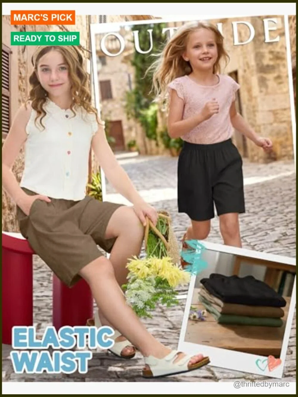 Girls Linen Bermuda Shorts 3 Pack Elastic Waist Knee Length with Pockets